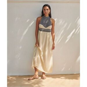 Sita Murt Cream Navy Striped Textured Knit Halter Sleeveless Maxi Dress Small